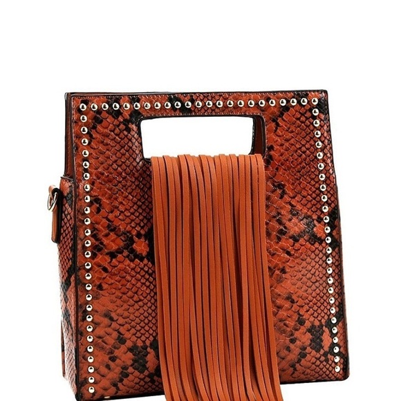 Fringe Accent Snake Print Cut-out Handle 2-Way Medium Satchel MH-D0499 NWOT - Picture 1 of 7